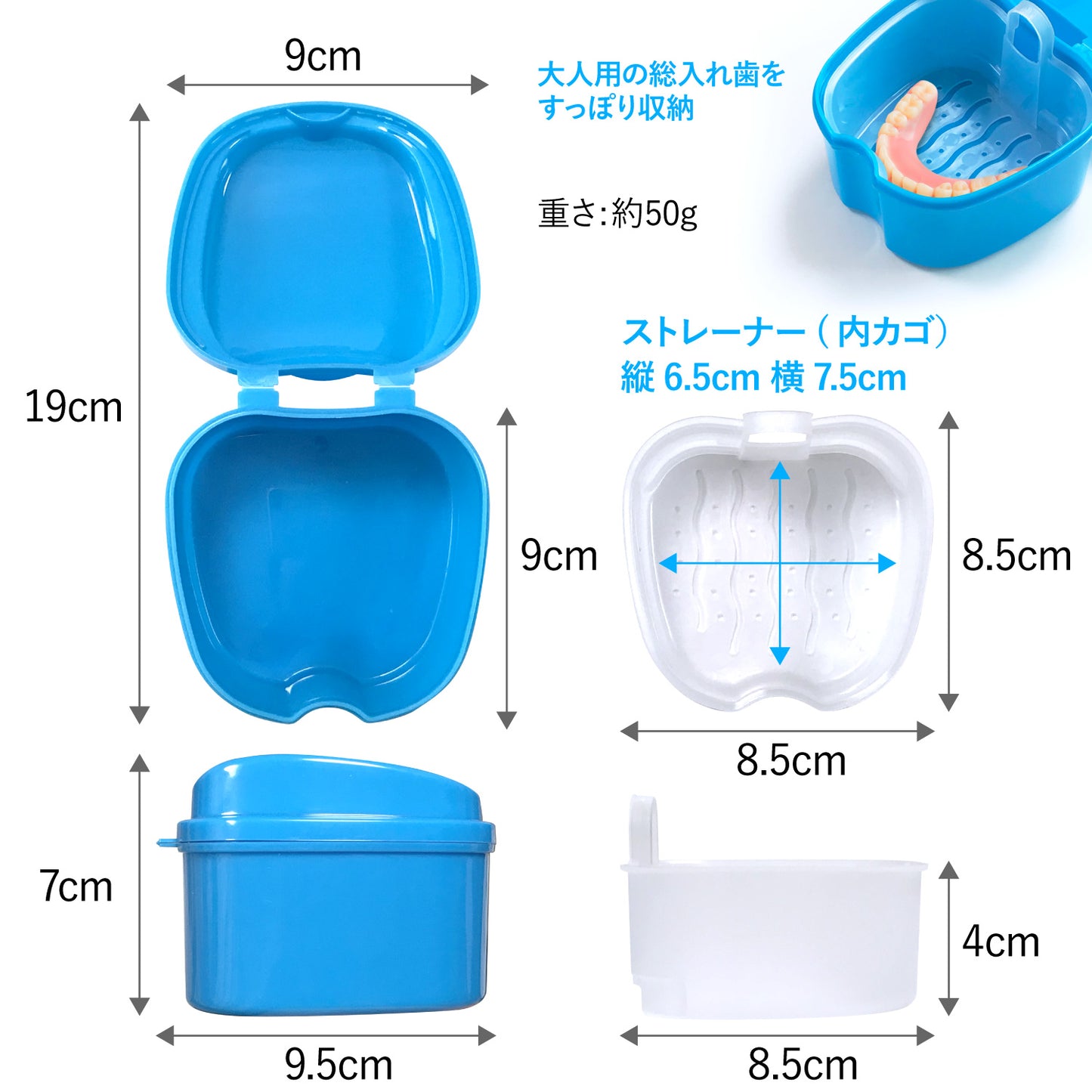 【inariya】 入れ歯ケース (プラスチック製) 【 ストレーナー付きで洗浄剤に触れる必要なし！ 】 (ブルー)